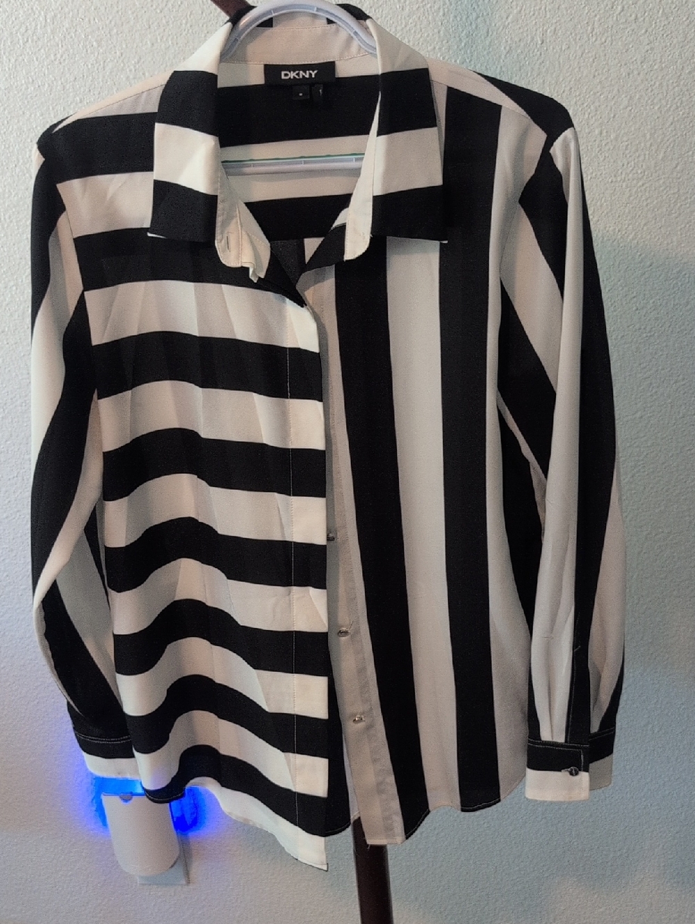DKNY Black and White Colorblock Blouse with Teal Accent